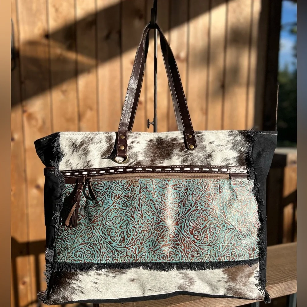 🌹New Myra Bag Cowhide Canvas Leather Weekender Travel XL extra large tote - Picture 1 of 8